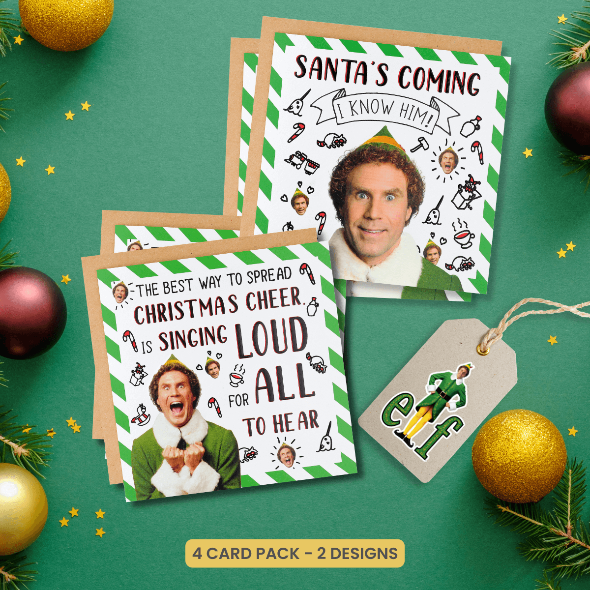 Elf Christmas Cards Pack 4