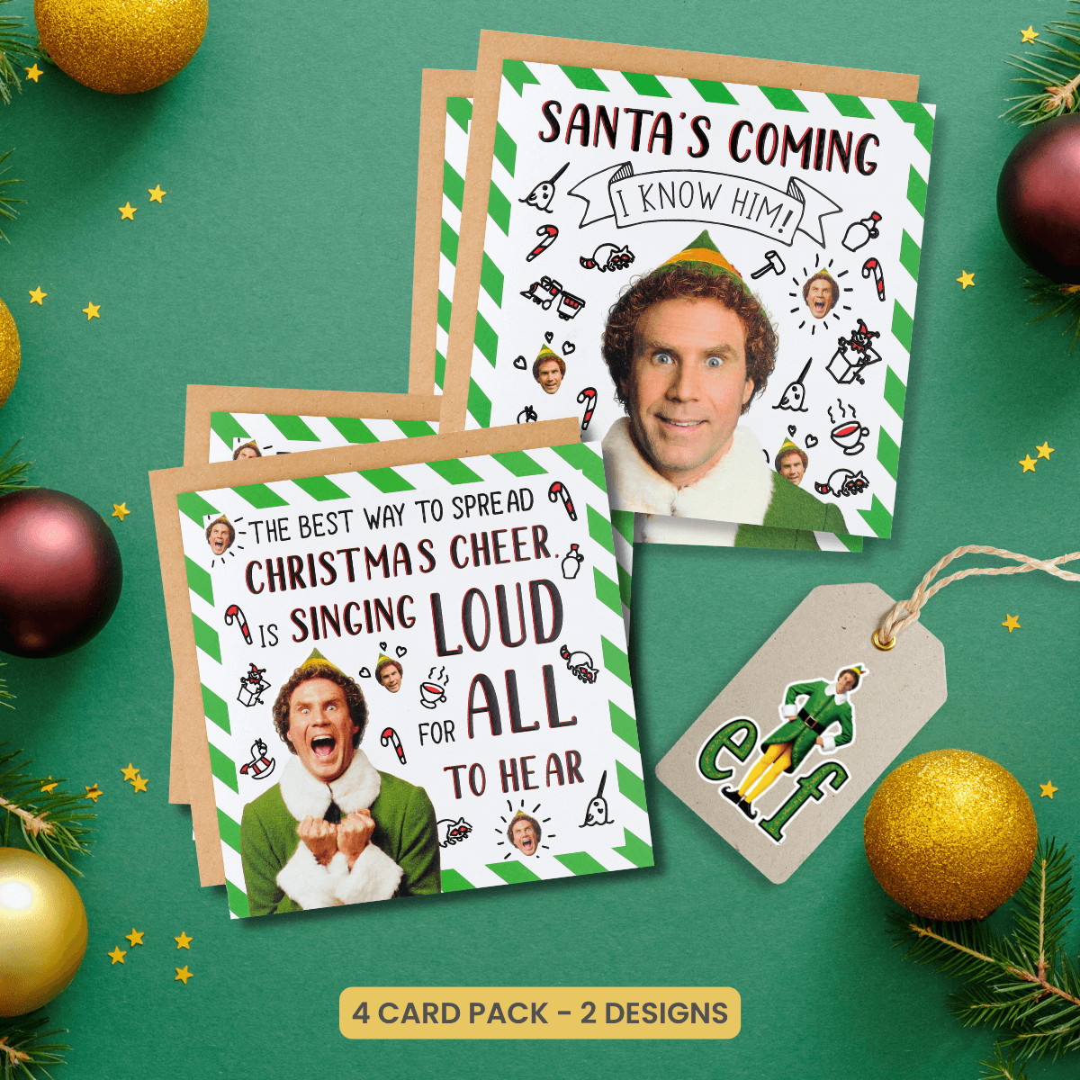 Elf Christmas Cards Pack of 4 - Buddy The Elf Cards For Christmas Bundle