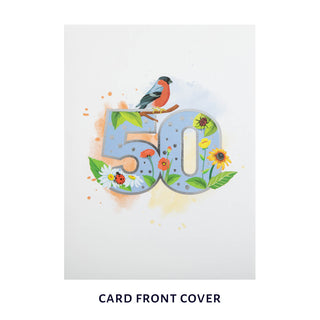 cover image of 50th birthday pop up card, white cover with pastel watercolours and a silver foiled 50