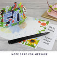 Load image into Gallery viewer, image of floral 50th birthday pop up card slide out notecard
