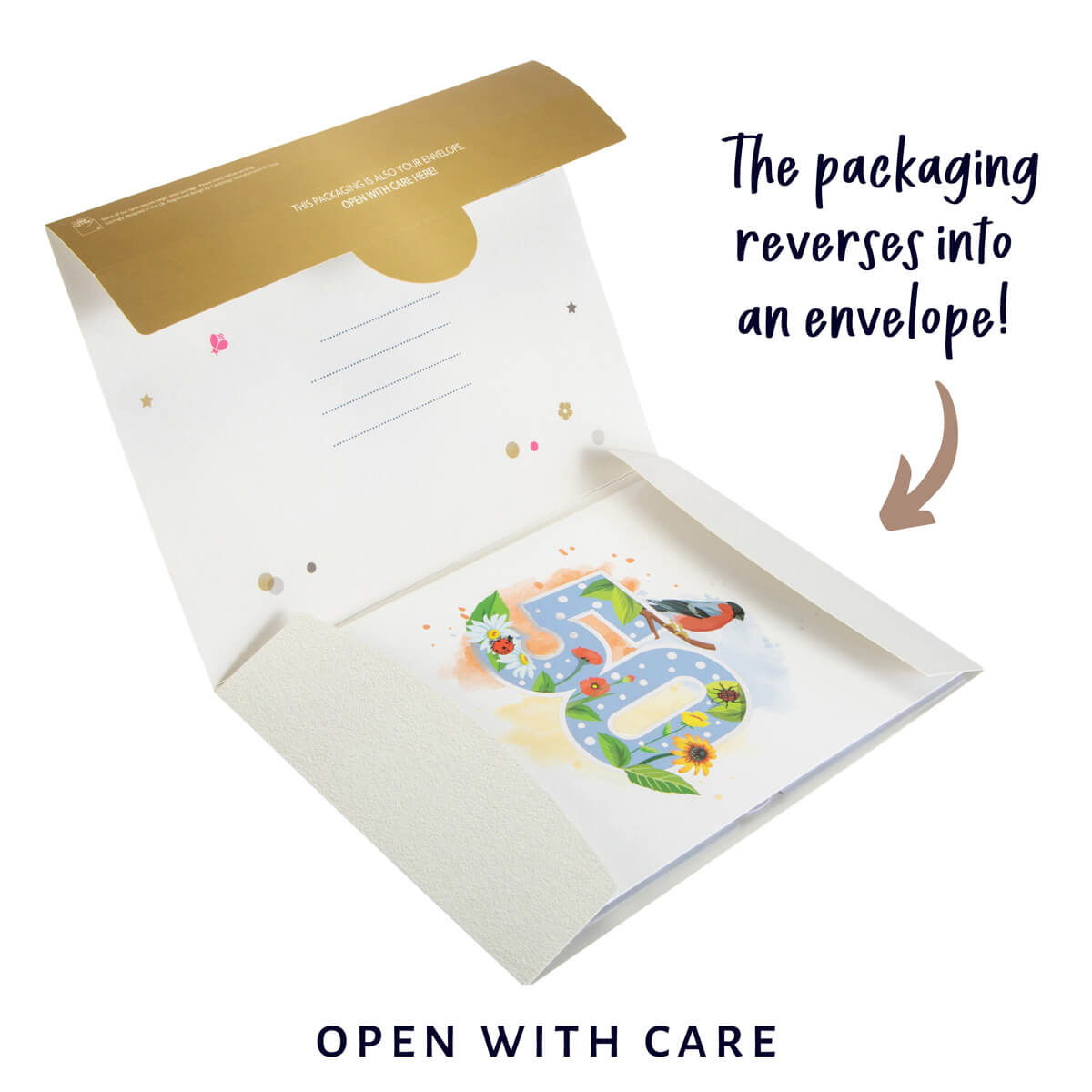 image of floral 50th birthday pop up card reversible eco packaging that reverses to become gifting envelope