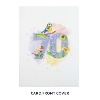cover image of 70th birthday pop up card, white cover with pastel watercolours and a silver foiled 70