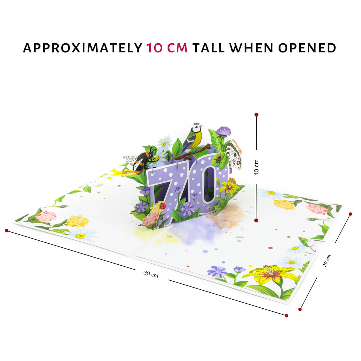 image of floral 70th birthday pop up card dimensions. When card is open the dimensions are 30cm length x 20cm width. The pop up is approximately 10cm high