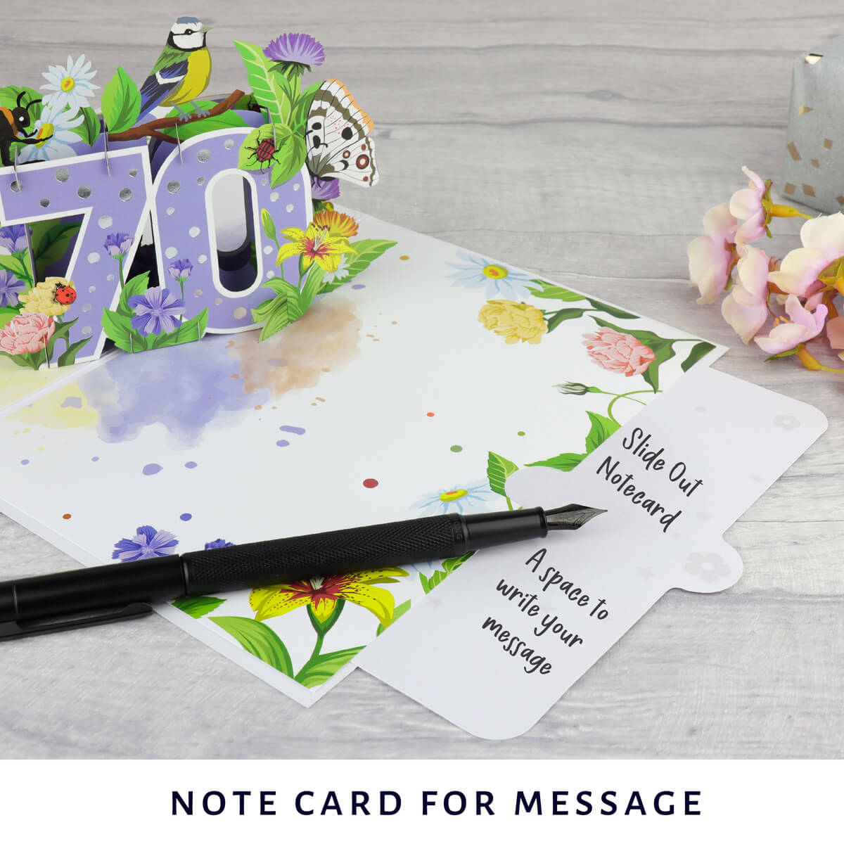 image of floral 70th birthday pop up card slide out notecard