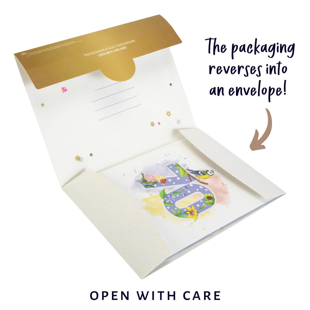 image of floral 70th birthday pop up card sustainable reversible eco packaging that reverses to become gifting envelope