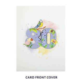 cover image of 80th birthday pop up card, white cover with pastel watercolours and a silver foiled 80