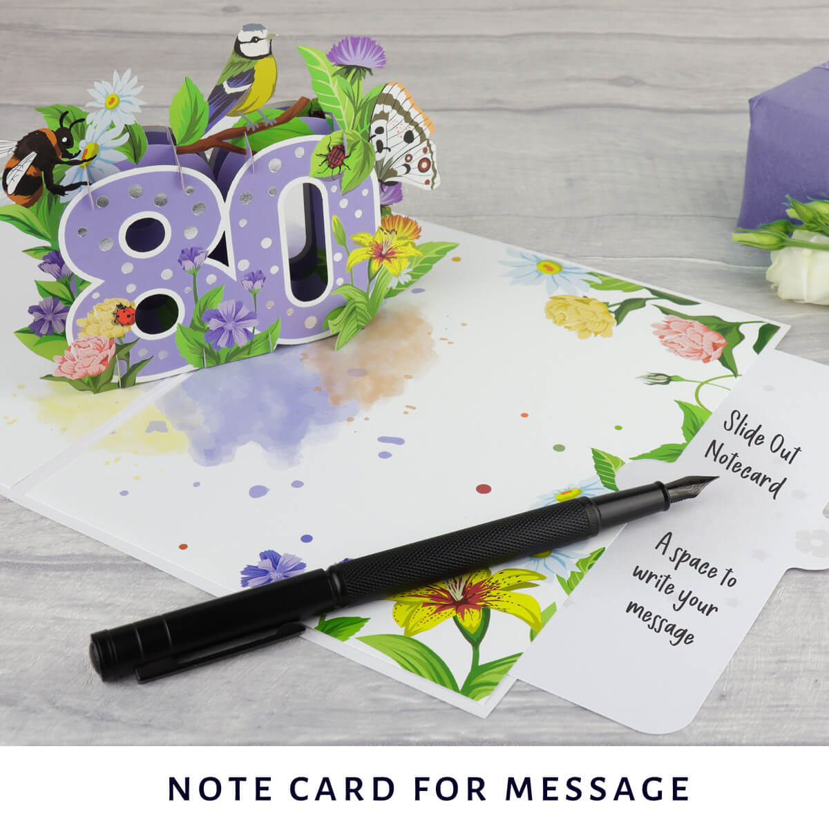 image of floral 80th birthday pop up card slide out notecard