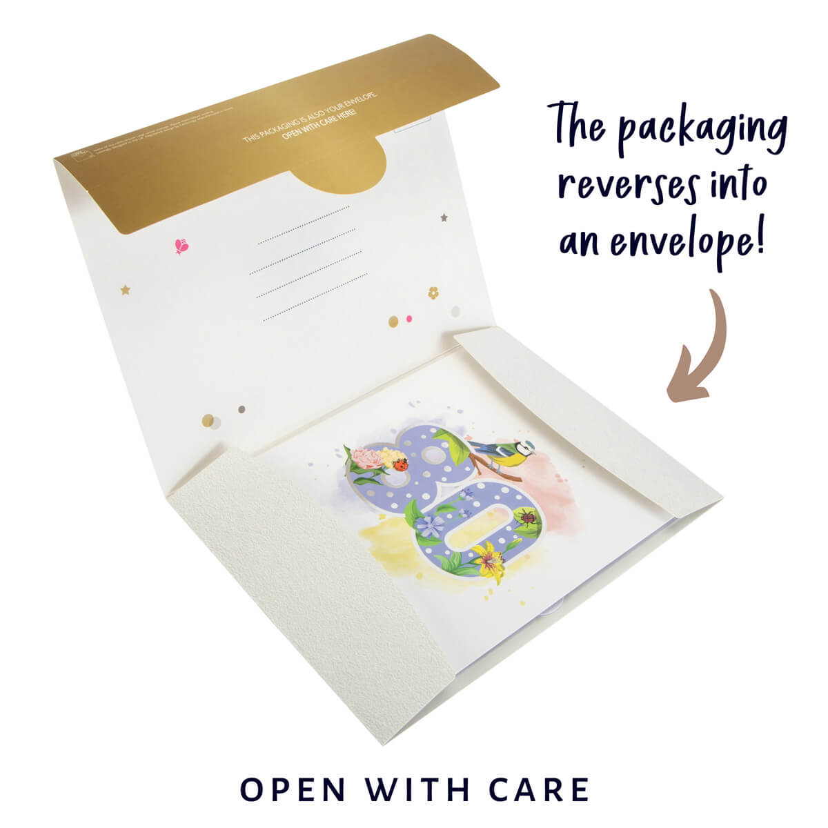 image of floral 80th birthday pop up card sustainable reversible eco packaging that reverses to become gifting envelope