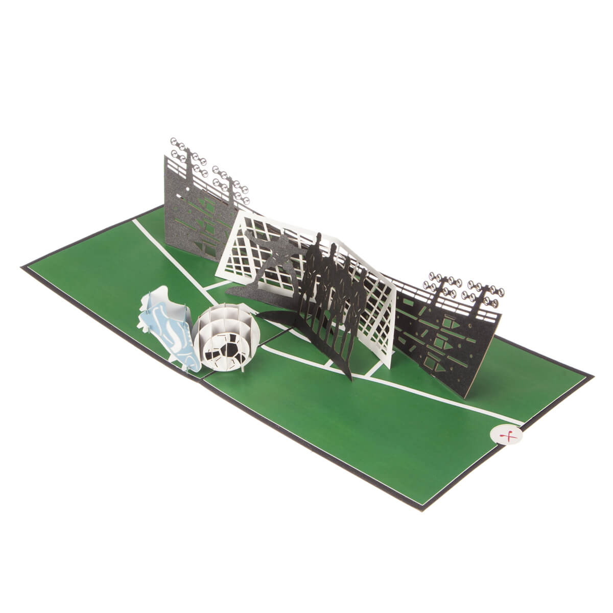 mens football pop up card fully open at 180 degrees on a white background