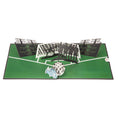 Load image into Gallery viewer, close up image of football pop up birthday card featuring a 3D football and boot taking a penalty with a line of 2D defenders and a goalkeeper, fully open at 180 degrees on a white background
