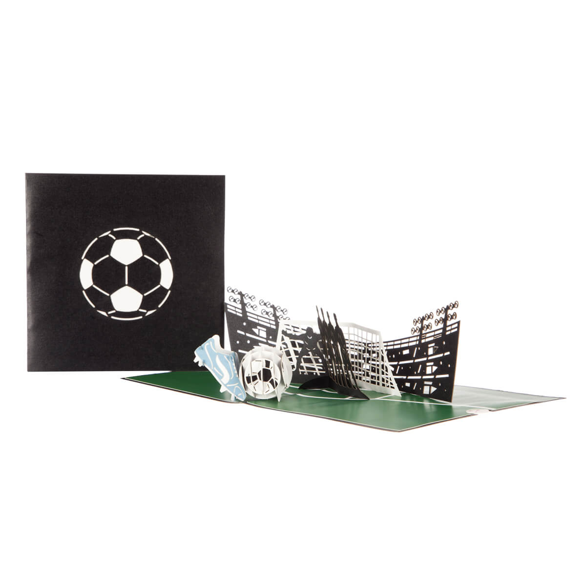 image of football pop up card fully open with cover behind it on a white background