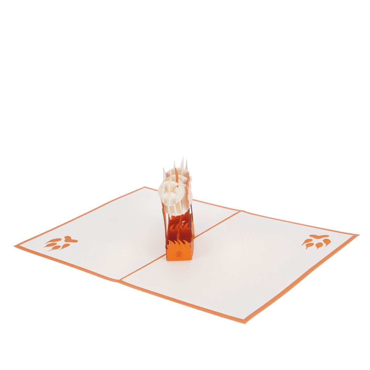 fox pop up card featuring an orange and white 3D fox, fully open at 180 degrees