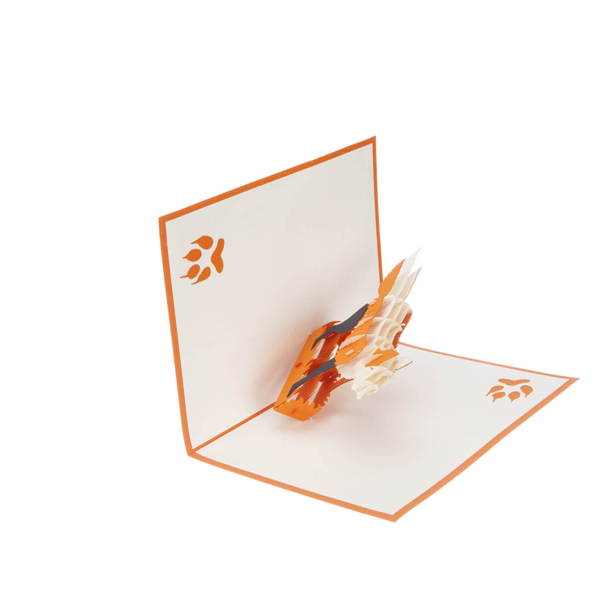 fox pop up card featuring an orange and white 3D fox, half open at 90 degrees