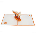 Load image into Gallery viewer, fox pop up card featuring an orange and white 3D fox, fully open
