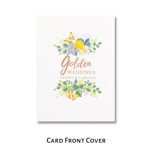 Golden Wedding Anniversary Card for a 50th Wedding Anniversary Gift - lifestyle image of 50th wedding anniversary card front cover which reads 'Golden Weddings Deserve Celebrating'