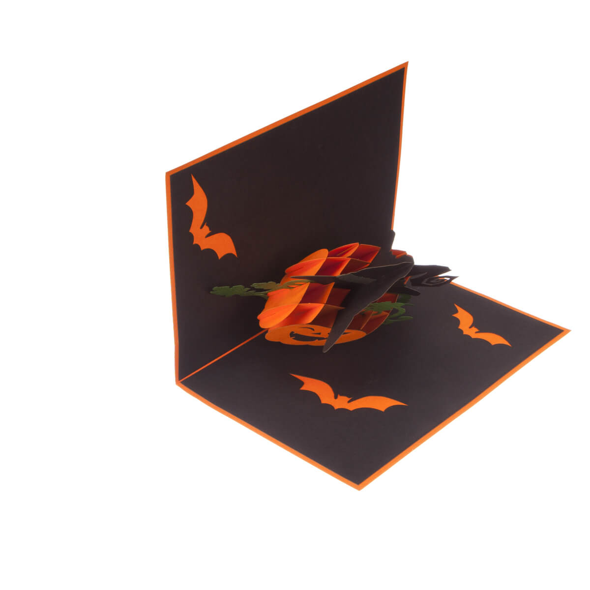 image of halloween pop up card half open at 90 degrees on a white background