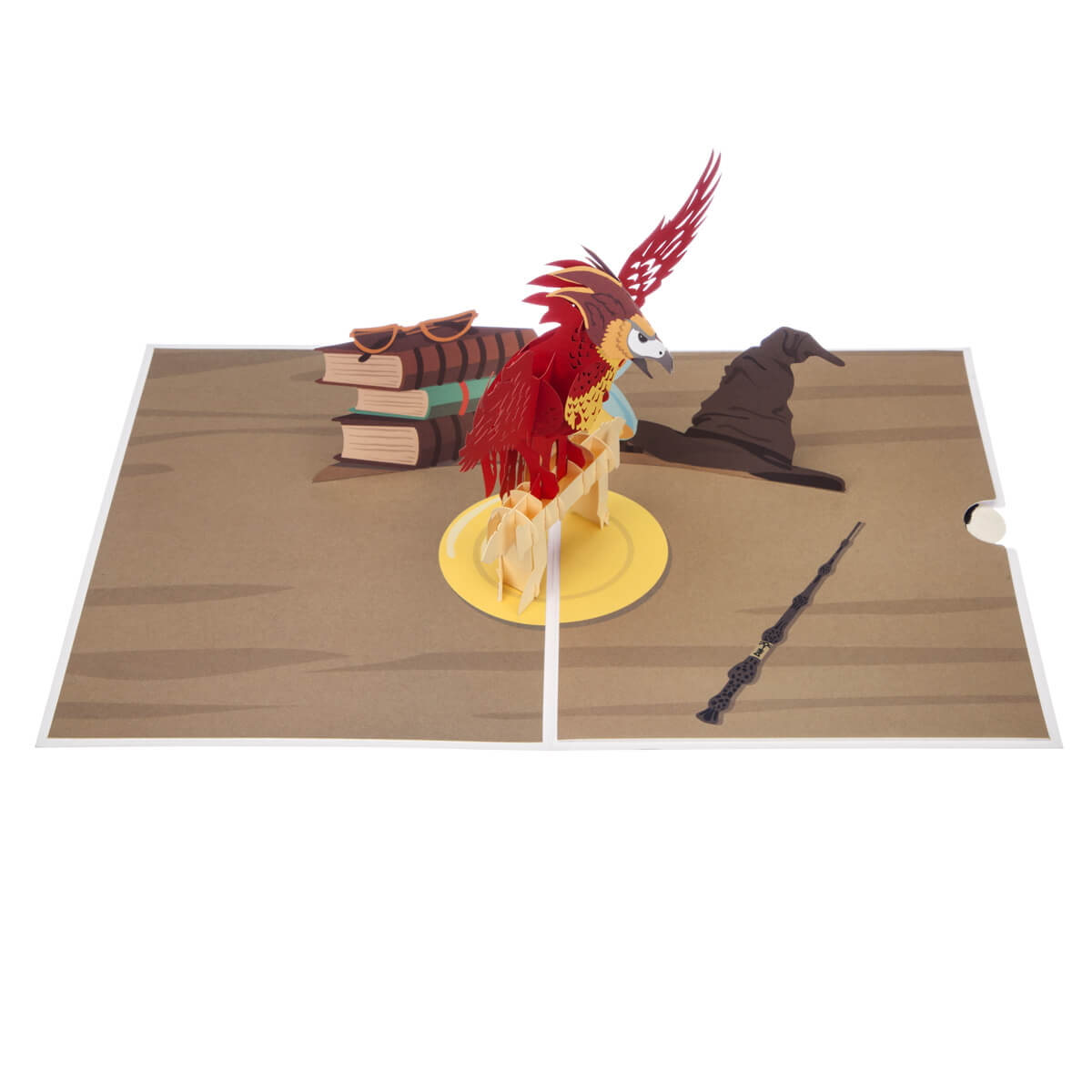 Image of Harry Potter Fawkes Pop Up Card fully Open on a white surface