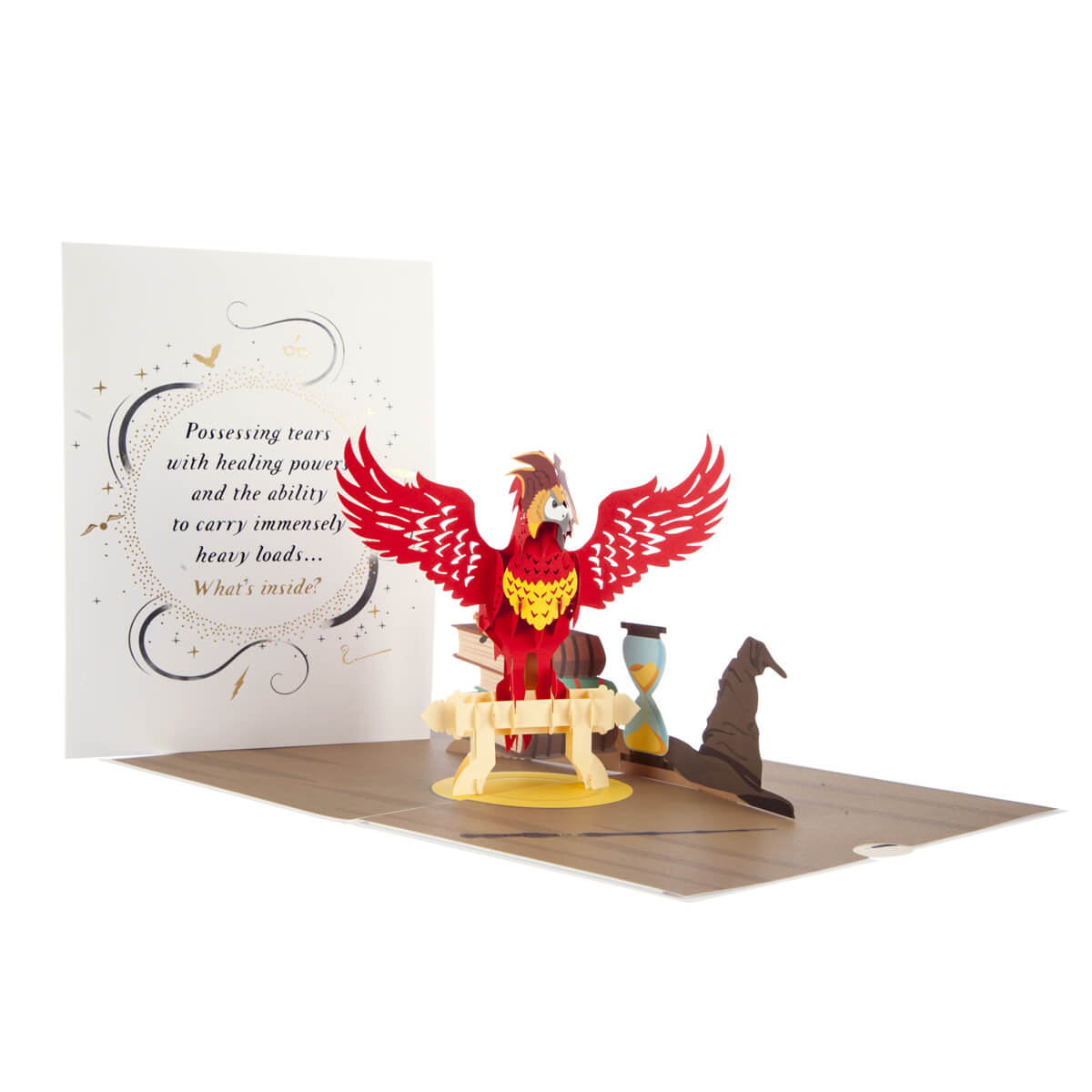 Image of Harry Potter Fawkes Pop Up Card Open with cover displayed behind