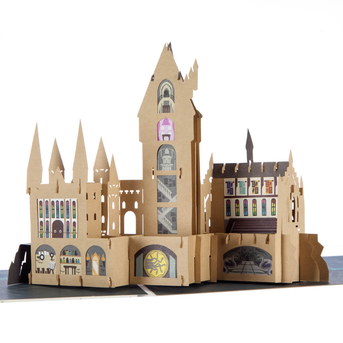 Image of the back of Hogwarts Castle 3D Card featuring the rooms in the castle, such as Chamber of Secrets, Moving Staircases, The great hall and more