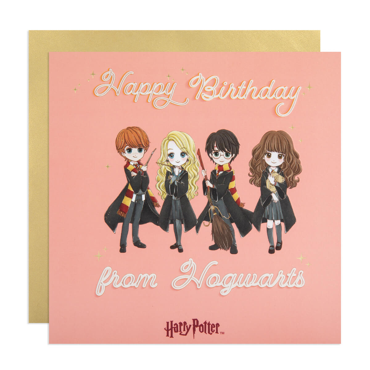 Happy Birthday From Hogwarts Card from the Anime Collection. Featuring 4 main characters drawn in an anime illustrative style, the card reads 'Happy Birthday From Hogwarts'