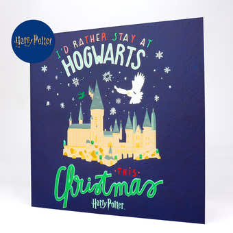 Blue Harry Potter Christmas Card which reads 'I'd Rather Stay At Hogwarts This Christmas'