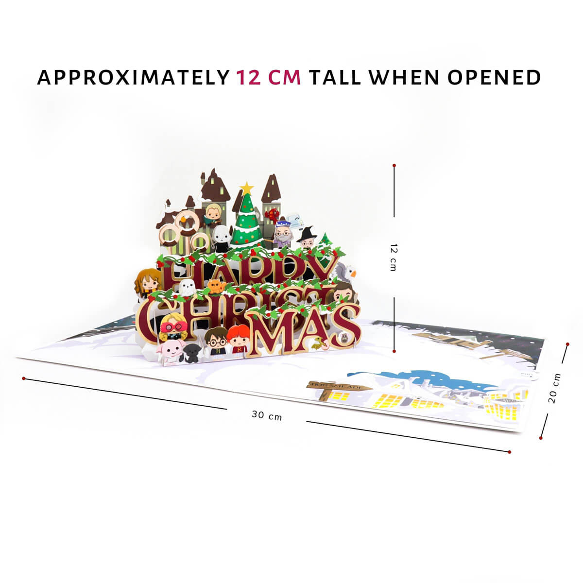 Harry Potter Christmas Pop Up Card - Dimensions image showing card open - 30cm (l) x 20cm (w) and the pop up is 12cm(h)