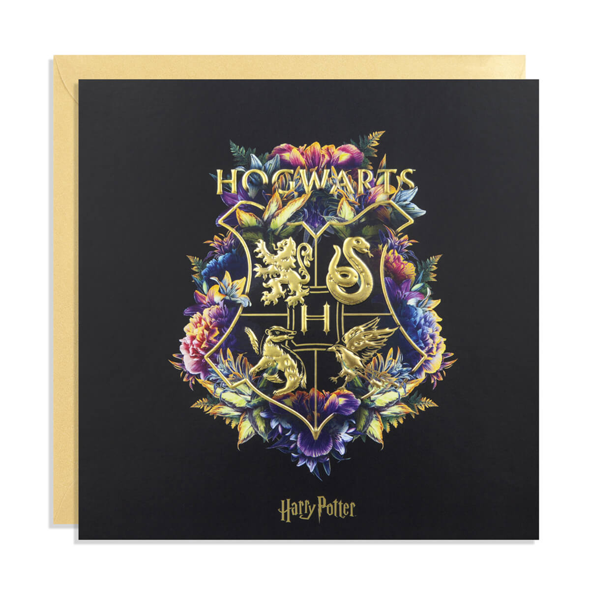 Harry Potter Hogwarts Card for adults. Black with colourful crest featuring 4 houses. Gold foiled and embossed and photographed on white background