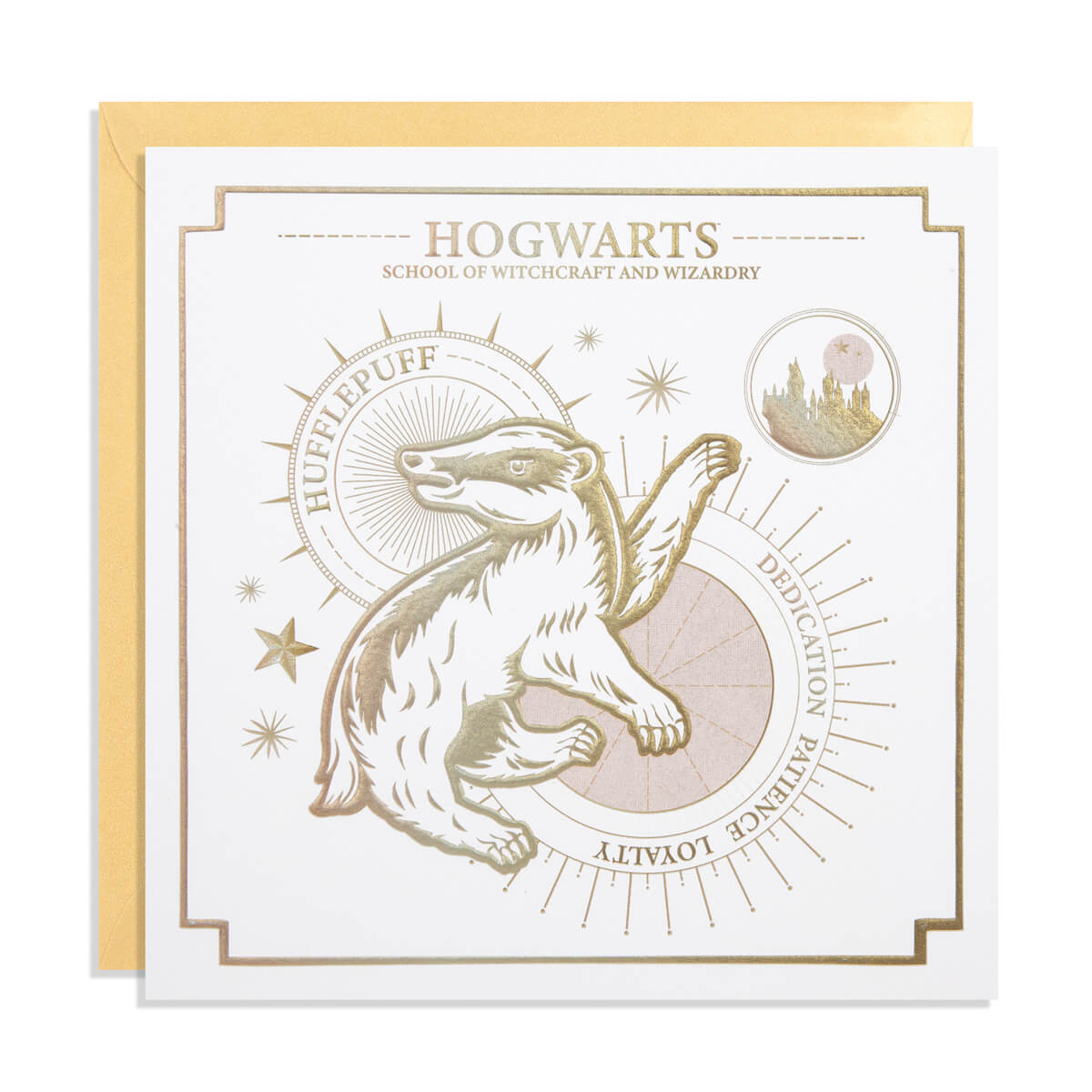 Harry Potter Hufflepuff Greetings Card - White Card with Gold Embossing -  photographed on a white background with gold envelope