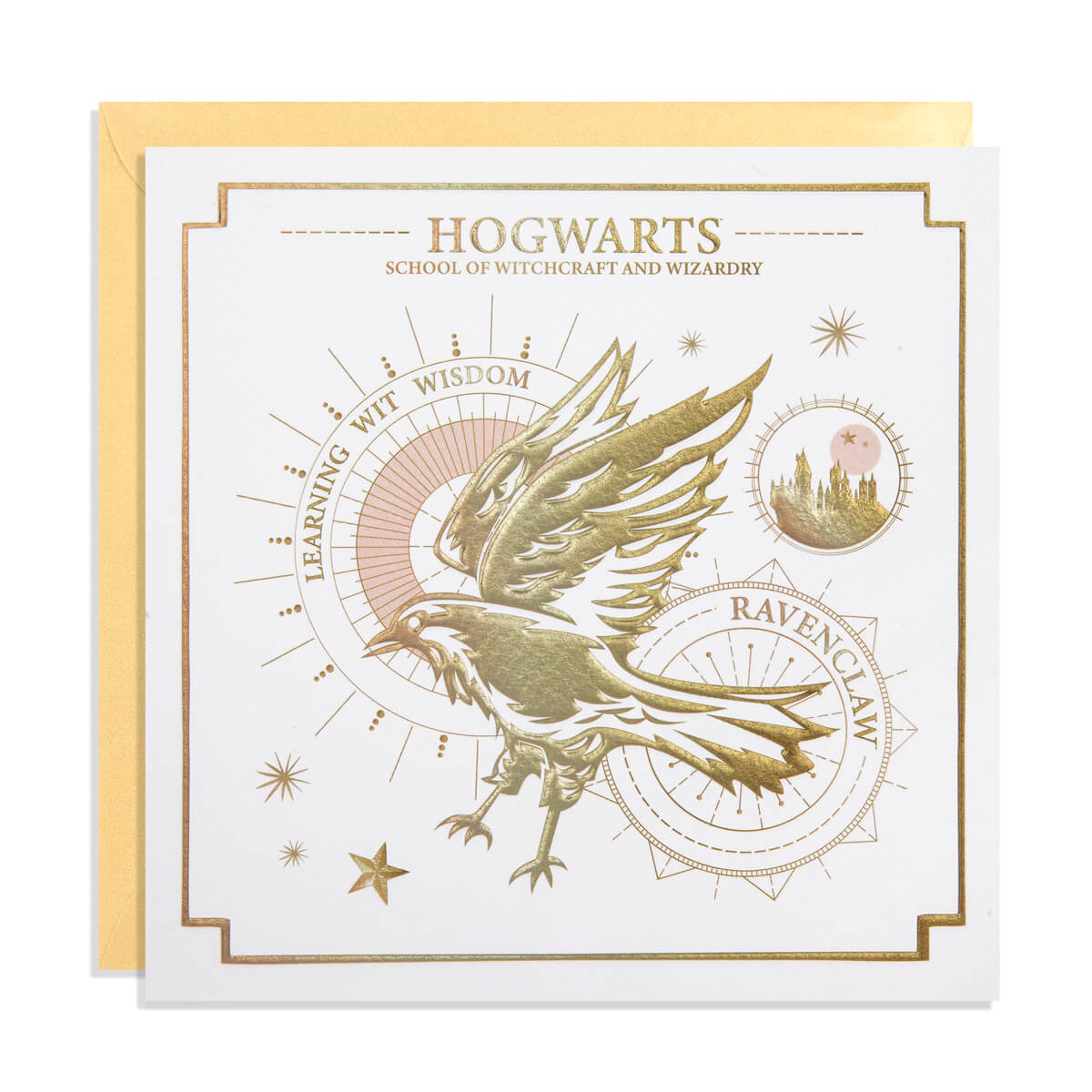 Harry Potter Ravenclaw Greetings Card - White Card with Gold Embossing -  photographed on a white background with gold envelope
