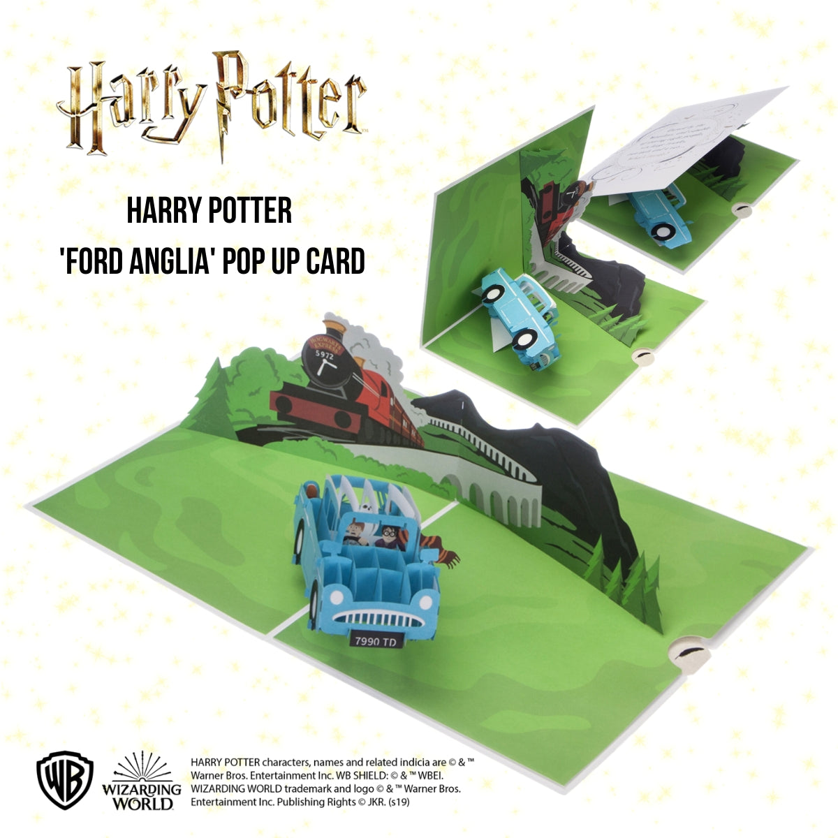 Image showing Harry Potter Flying Ford Anglia Pop Up Birthday Card open at 180 degrees and closing in stages