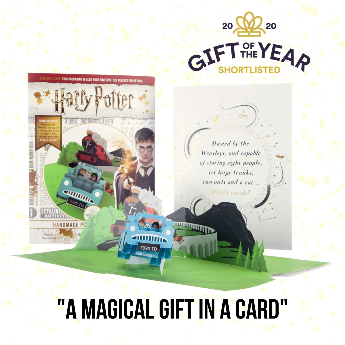 Image of Harry Potter 'Flying Ford Anglia' 3D Birthday Card with Cover and Packaging displayed behind