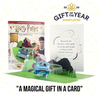 Image of Harry Potter 'Flying Ford Anglia' 3D Birthday Card with Cover and Packaging displayed behind