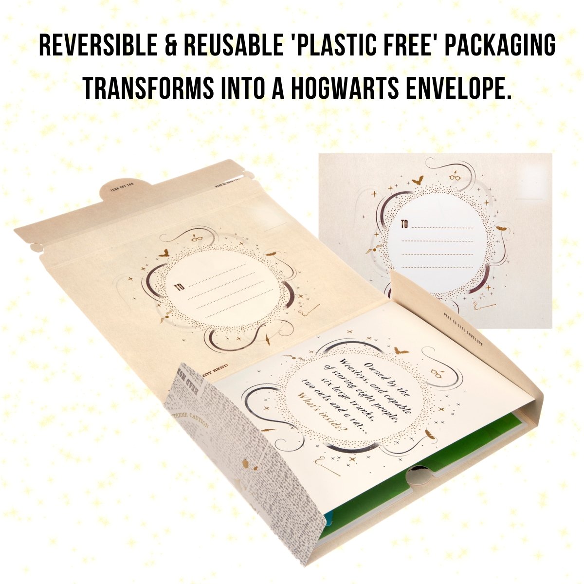 image of Harry Potter packaging reversing to become Hogwarts Envelope