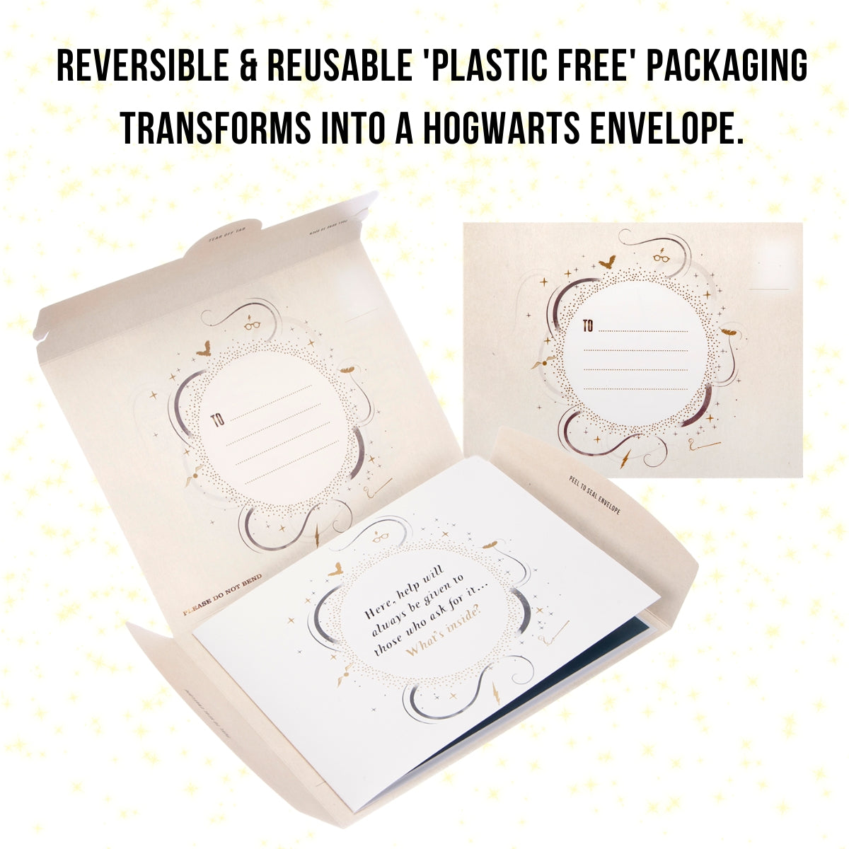 Image of reversible and reusable packaging which transforms into a Hogwarts Envelope