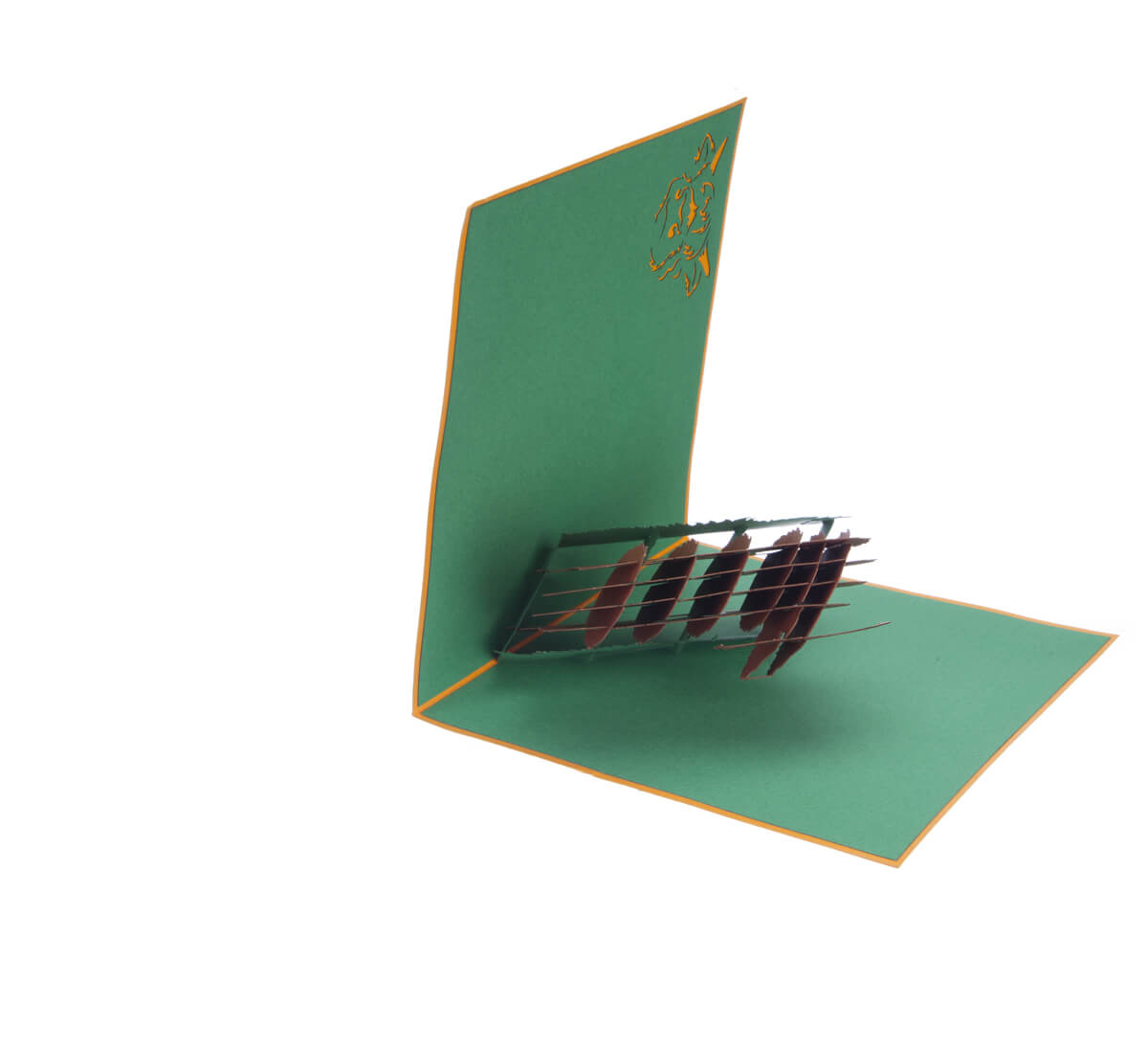 Highland Cow Pop Up Card featuring a 3D bronze highland cow standing among green grass, half open at 90 degrees