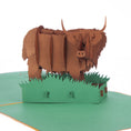 Load image into Gallery viewer, close up image of Highland Cow Pop Up Card featuring a 3D bronze highland cow standing among green grass
