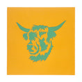 Load image into Gallery viewer, Highland Cow Pop Up Card cover featuring a laser cut green highland cow image on orange card
