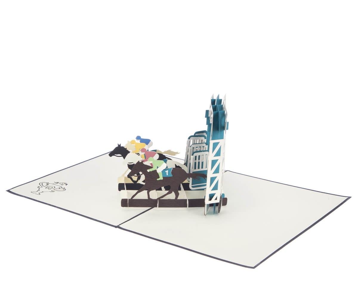 Horse Racing Pop Up Card featuring 4 horses racing out of stalls, fully open at 180 degrees