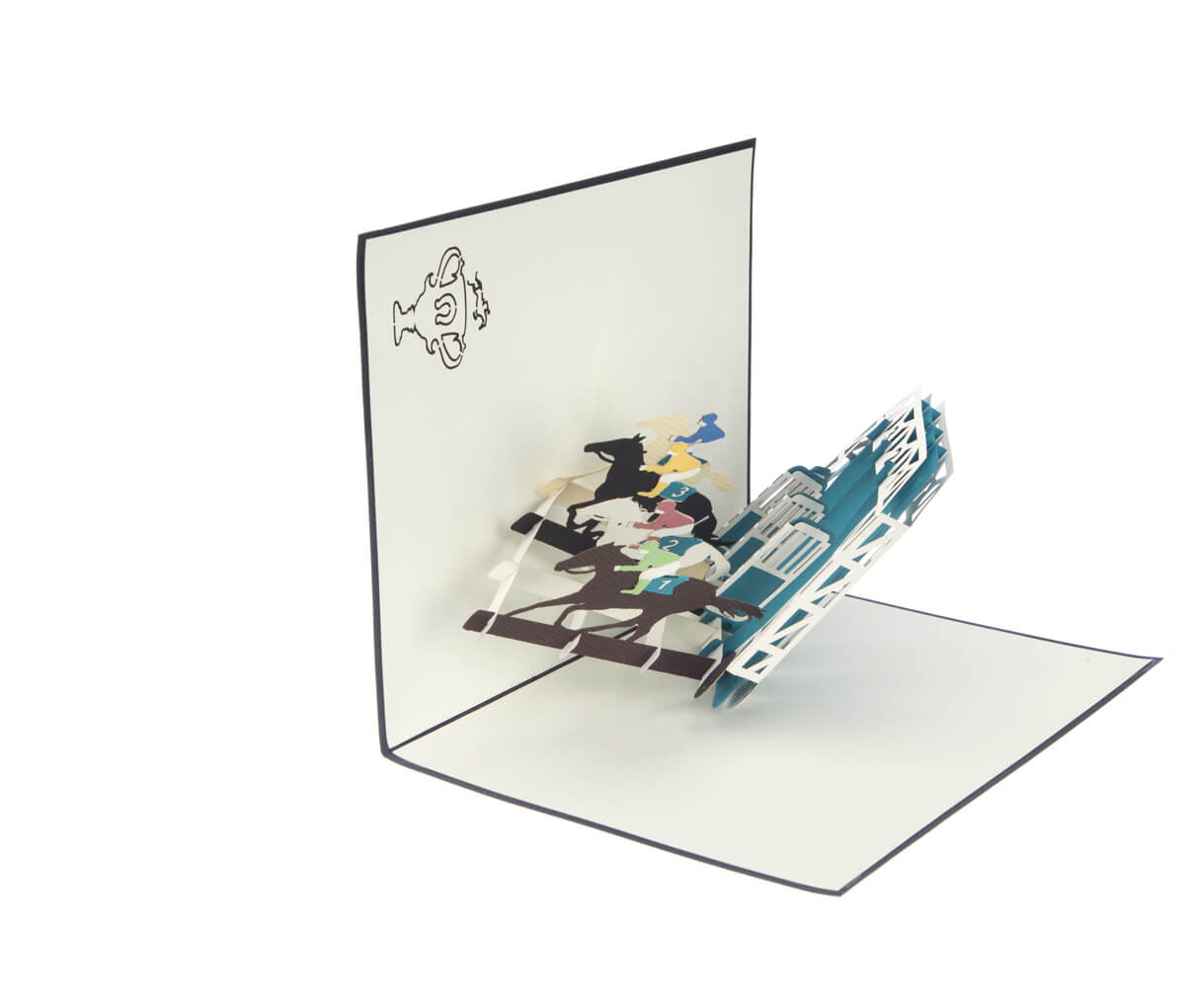 Horse Racing Pop Up Card featuring 4 horses racing out of stalls, half open at 90 degrees