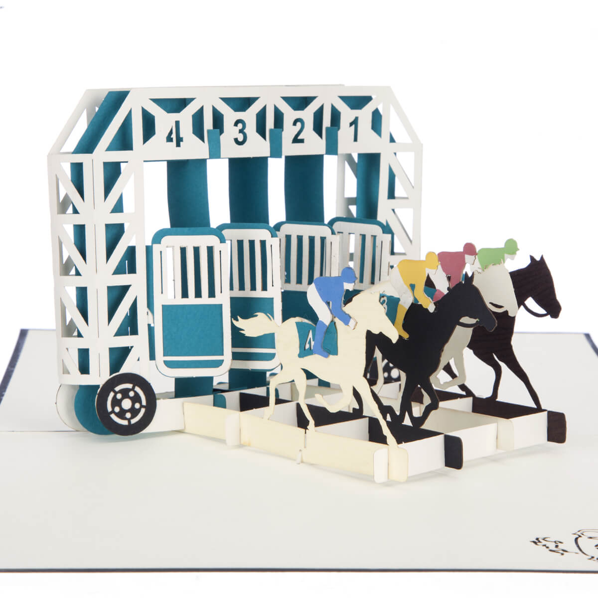 close up image of Horse Racing Pop Up Card featuring 4 horses racing out of stalls