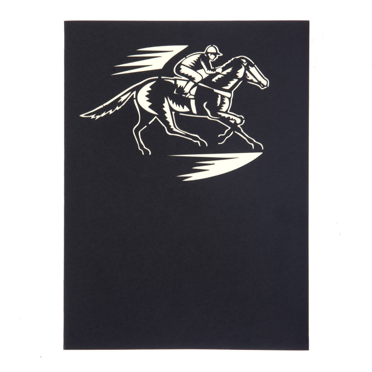 Horse Racing Pop Up Card cover in black with a white image of a jockey on a race horse