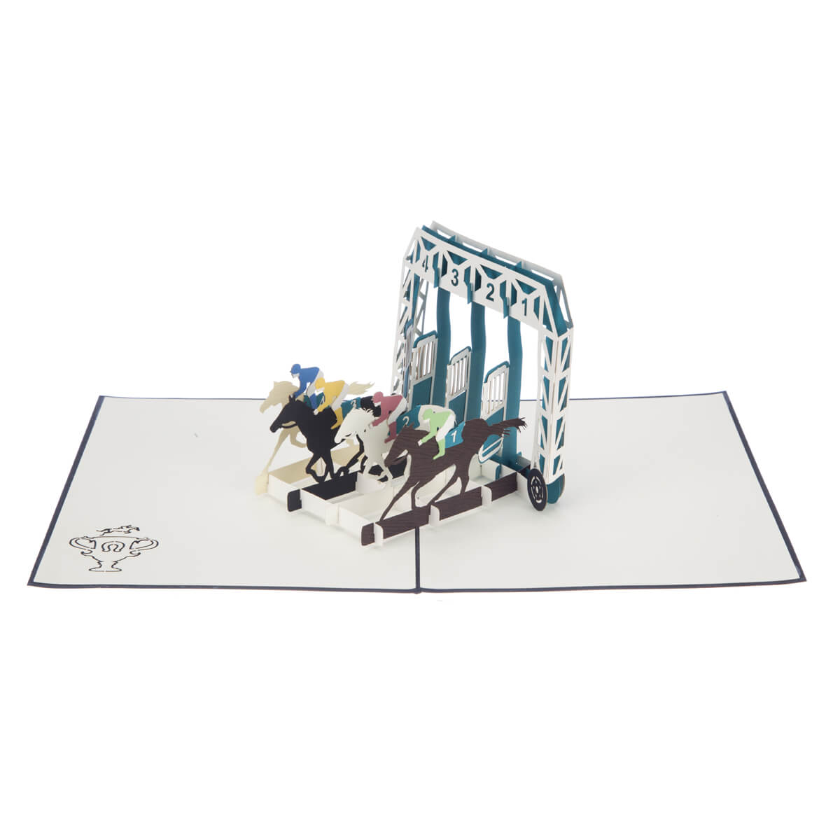 Horse Racing Pop Up Card featuring 4 horses racing out of stalls, fully open