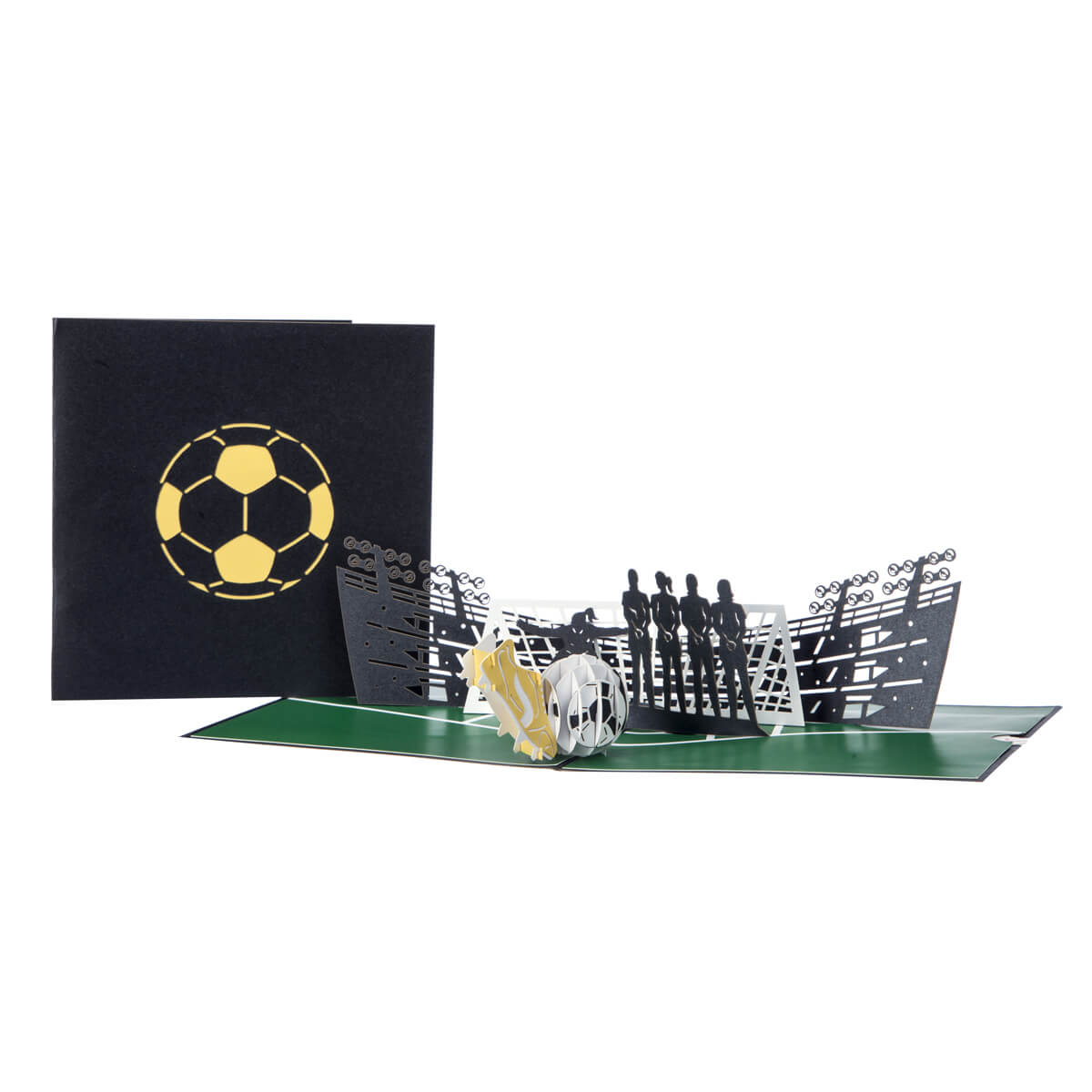 image of womens football pop up birthday card open fully with black cover behind on a white background