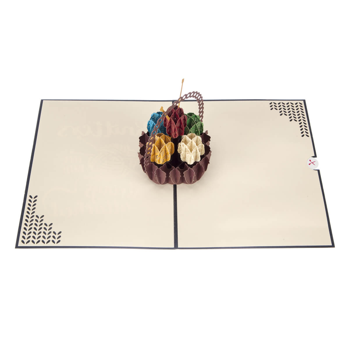 Image taken from above of Knitting Pop Up Card fully open at 180 degrees on a white surface