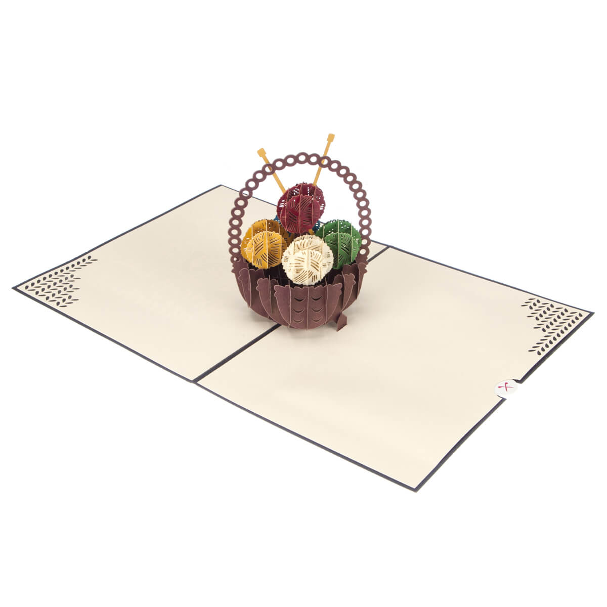 Image of Knitting Pop Up Card fully open at 180 degrees on a white surface