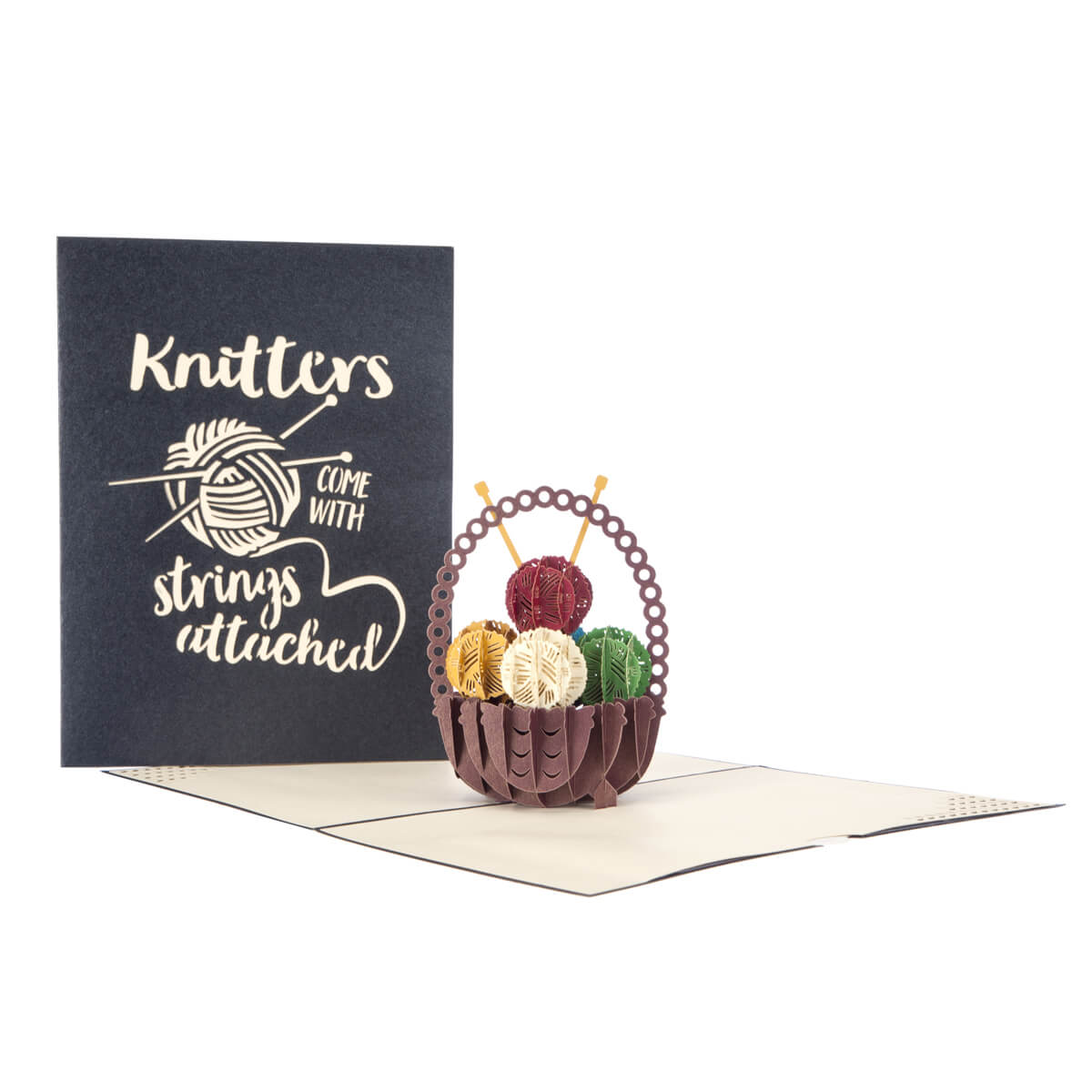 Image of Knitting Pop Up Card fully open with cover behind