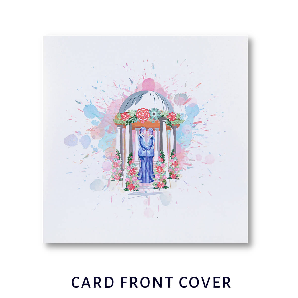 Gay Wedding Pop Up Card Cover Image - Cream with watercolour image of grooms under a pagoda