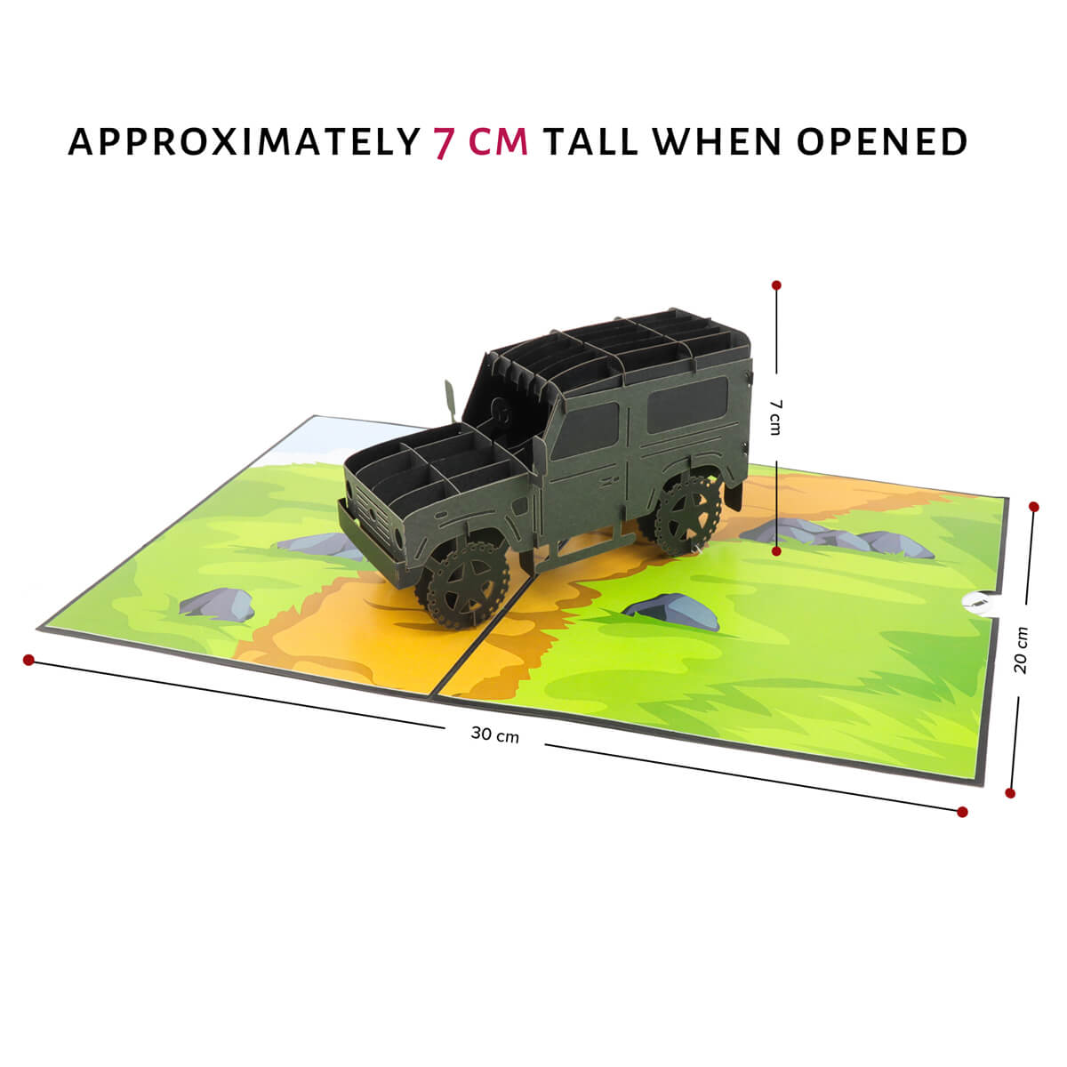 Landrover Defender Pop Up Card Dimensions Image On White Background - 30cm (l) x 20cm (w) x 7cm (h)