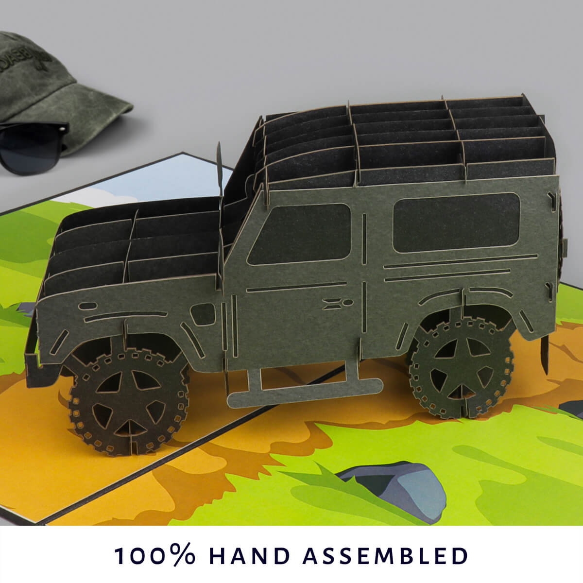 Close up image of 4 x 4 Defender Pop Up Card - Hand Assembled