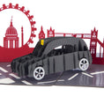 Load image into Gallery viewer, London Black Taxi souvenir 3D Card close up image with red london skyline
